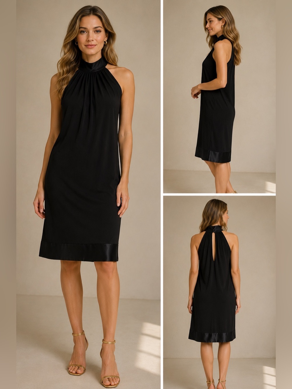 Lauren Ralph Lauren Little Black Halter Dress Keyhole Back Silk Trim Size 8